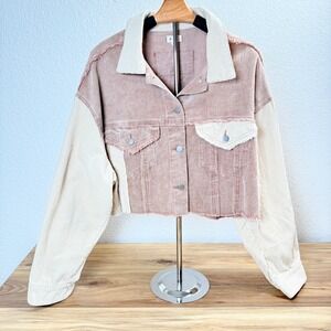 POL Colorblock Corduroy Oversized Cropped Raw Hem Trucker Jacket Tan & Cream L